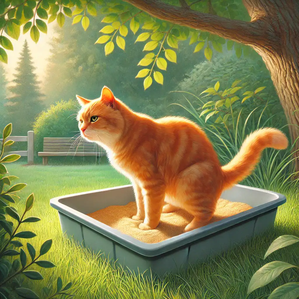 An orange tabby cat stands in a gray litter box outdoors, surrounded by lush green foliage and soft sunlight filtering through tree leaves.